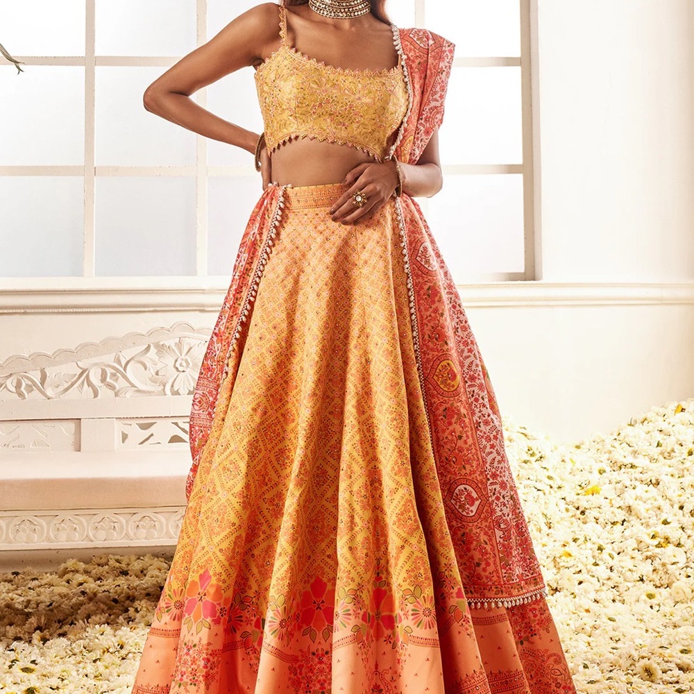 Orange and Pink Embroidered Lehenga (Small)